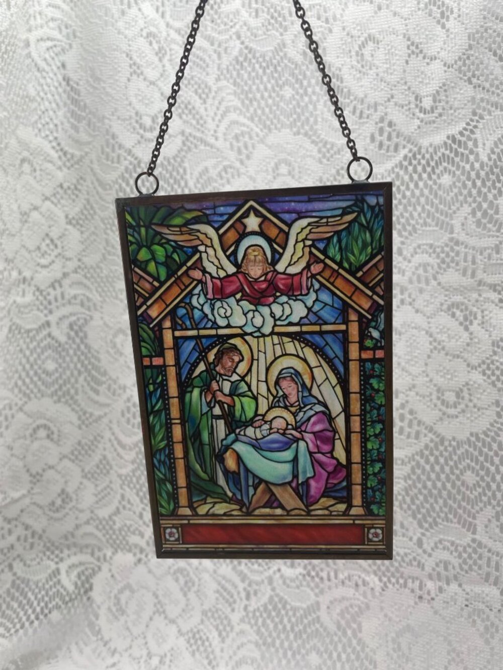 Nativity Stained Glass Hanging Panel With Chain 6x4 Inches Angel Holy Family Sce